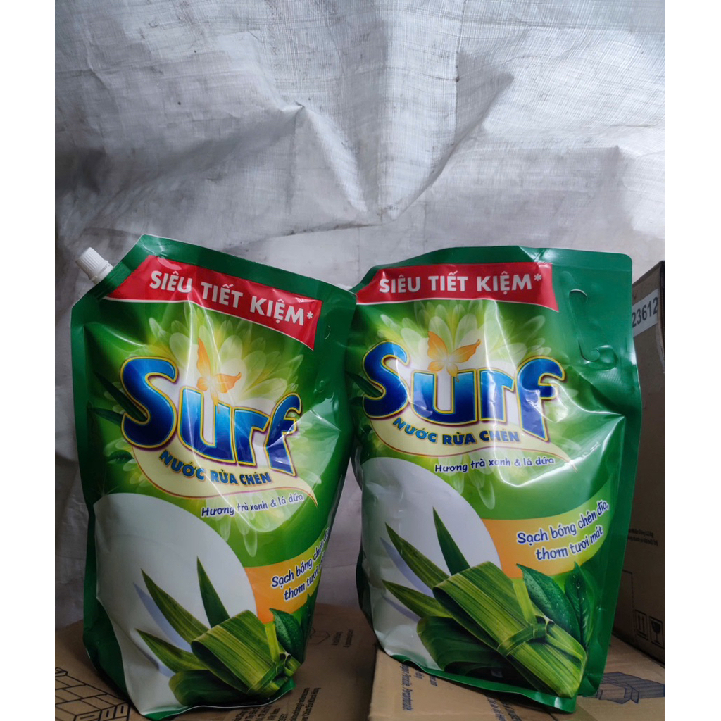 Combo 2 Túi Nước Rửa Chén Bát Surf Trà Xanh Và Lá Dứa 3.2kg, Dầu Rửa Bát Đậm Đặc Sạch Dầu Mỡ