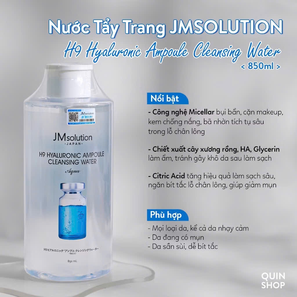 Nước tẩy trang JmSolution H9 Hyaluronic Ampoule làm sạch cấp ẩm cho mọi loại da 500ml