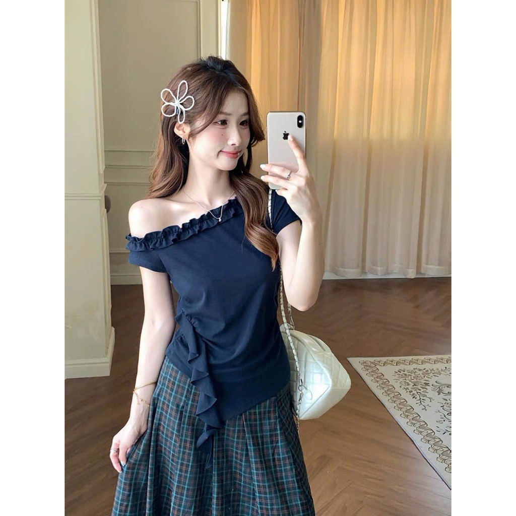 [CÓ SIZE] Áo Thun Lệch Vai Viền Bèo RANSHI Phong Cách Tiểu Thư Nhẹ Nhàng Dễ Phối Chất Thun Cotton - RA323