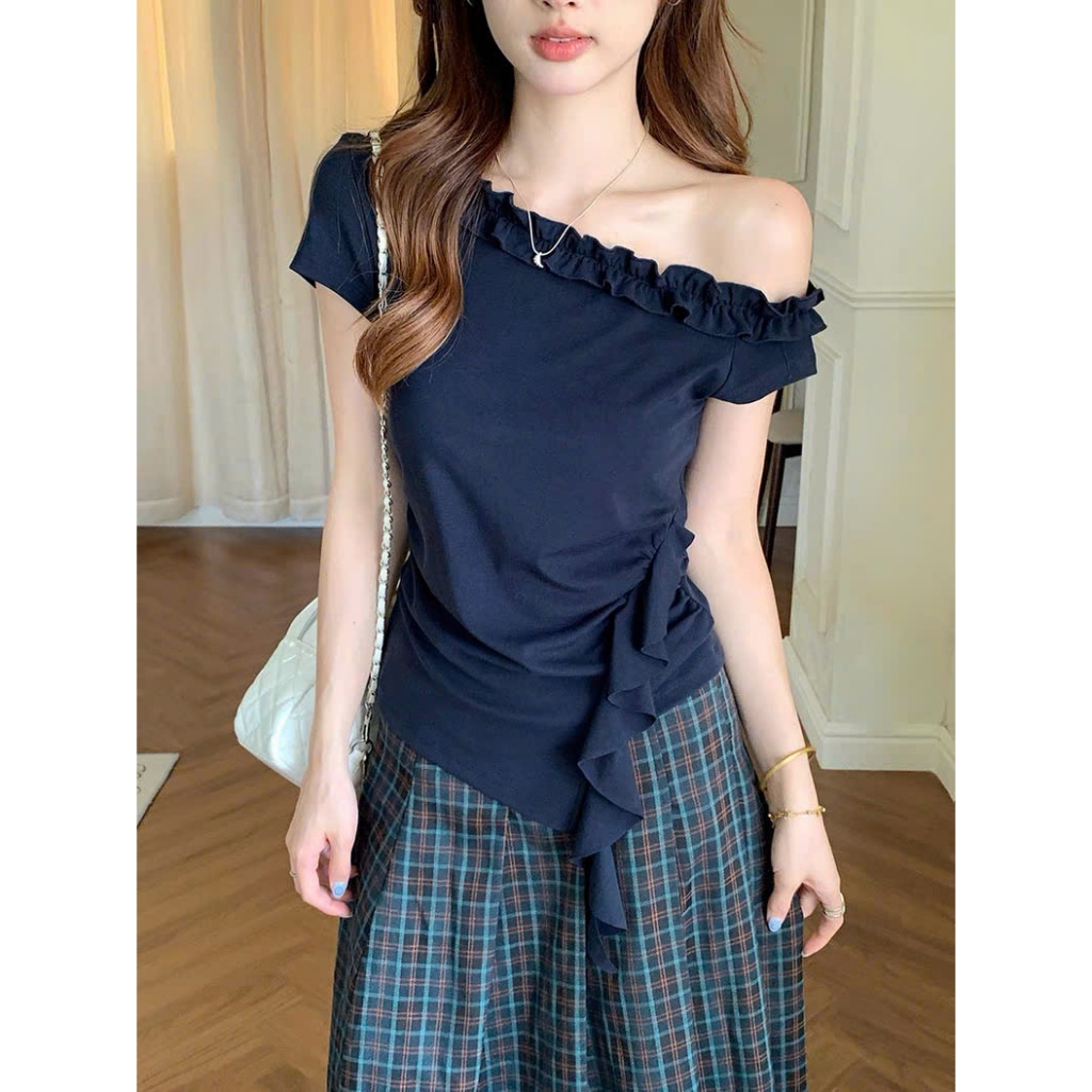 [CÓ SIZE] Áo Thun Lệch Vai Viền Bèo RANSHI Phong Cách Tiểu Thư Nhẹ Nhàng Dễ Phối Chất Thun Cotton - RA323