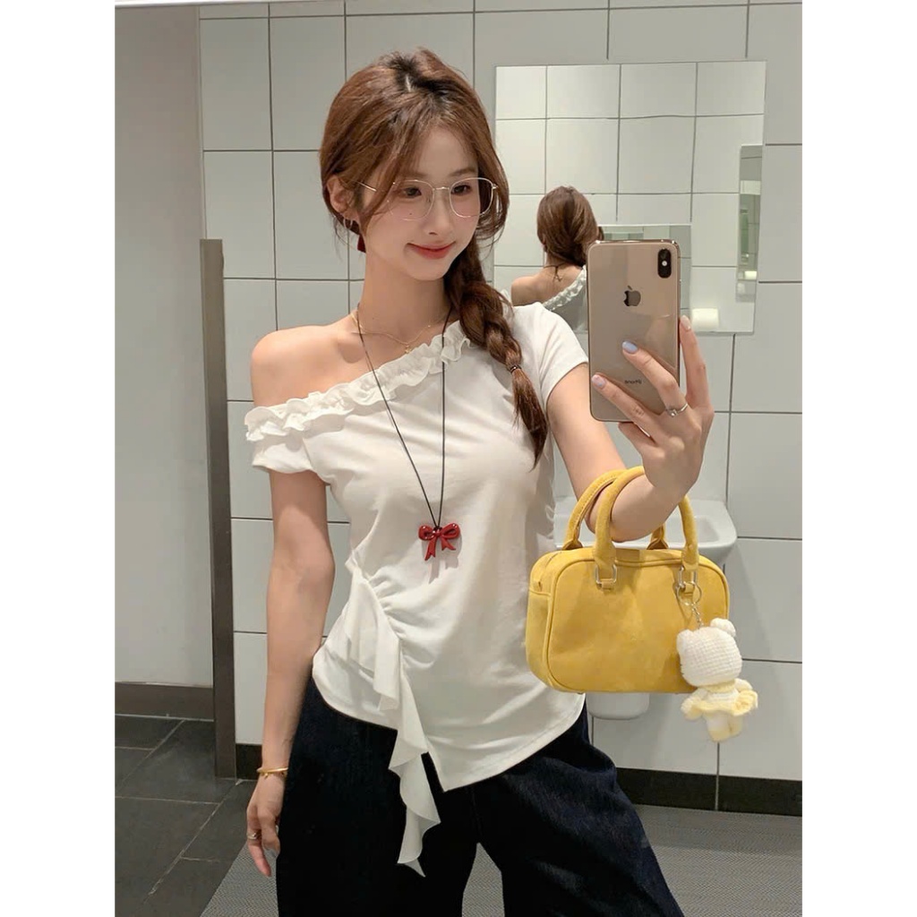 [CÓ SIZE] Áo Thun Lệch Vai Viền Bèo RANSHI Phong Cách Tiểu Thư Nhẹ Nhàng Dễ Phối Chất Thun Cotton - RA323