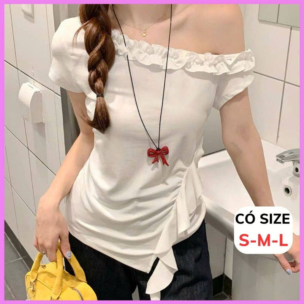 [CÓ SIZE] Áo Thun Lệch Vai Viền Bèo RANSHI Phong Cách Tiểu Thư Nhẹ Nhàng Dễ Phối Chất Thun Cotton - RA323