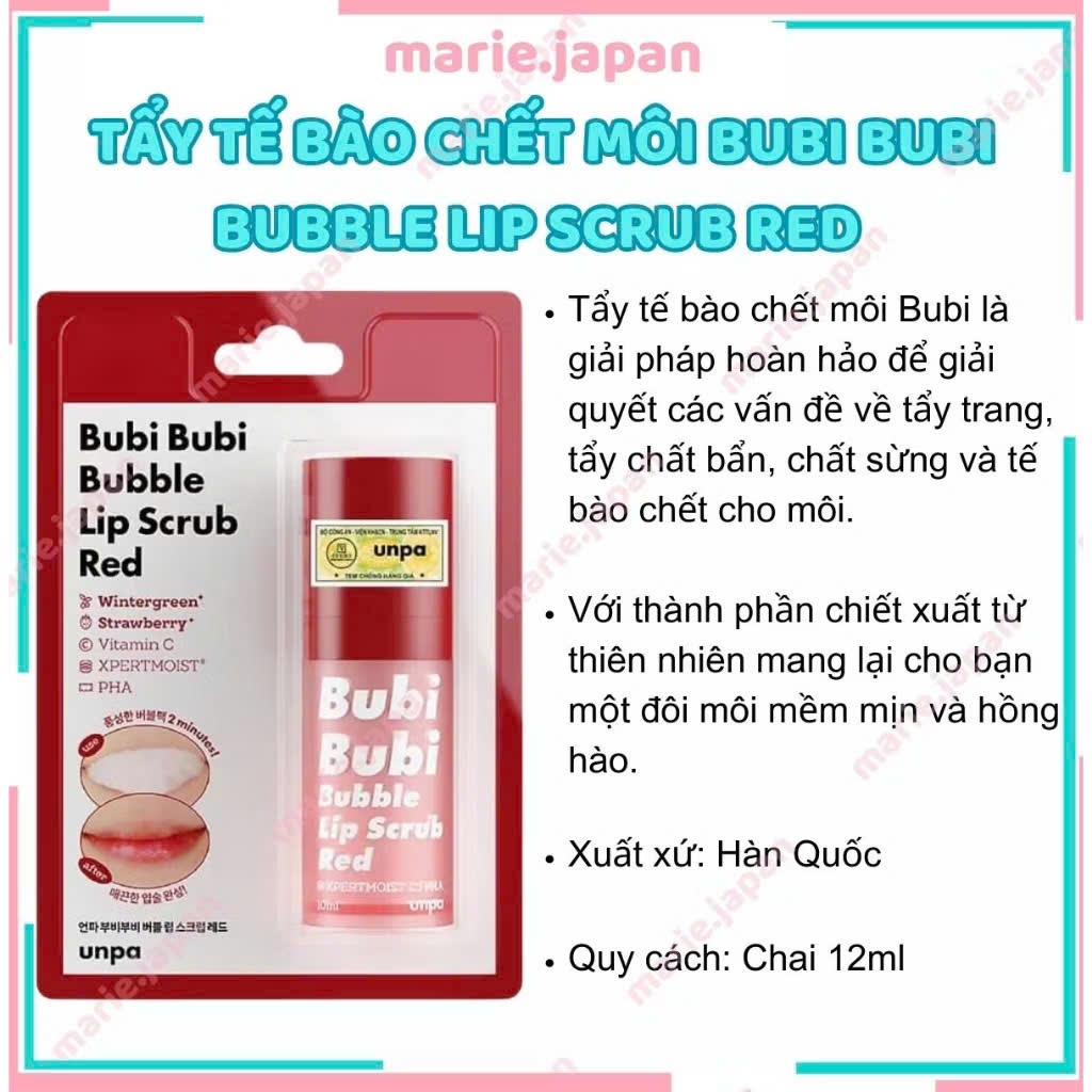 Tẩy tế bào chết môi Bubi Bubble Lip Scrub Tẩy da chết môi dạng sủi bọt mềm môi hồng tự nhiên 10ml