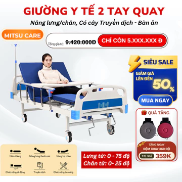 Giường Bệnh Nhân, Giường Y Tế Đa Năng 2 Tay Quay Nâng Hạ Lưng Và Chân, Có Bàn Ăn Và Cây Truyền Dịch Tiện Lợi