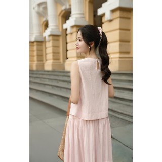 Áo Sát Nách Dáng Suông Phối Chân Váy Xoè Chun Eo Nhún Tầng VIEN TRAN V61B25H035 V62L25H013