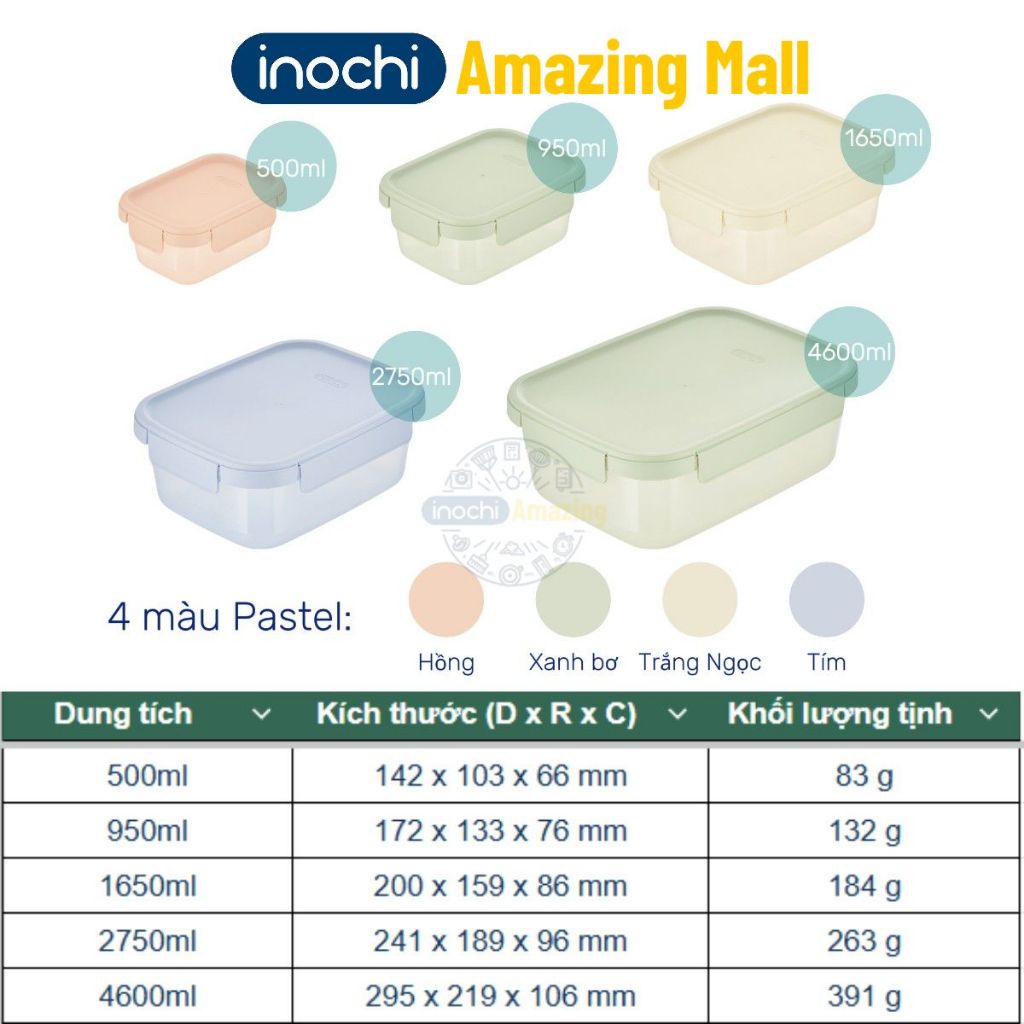 [MỚI VỀ] Hộp thực phẩm nắp gài Inochi nhựa PP nguyên sinh an toàn, nhiều dung tích, dùng được trong lò vi sóng