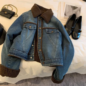 Áo khoác denim sang trọng áo khoác nữ kiểu Hồng Kông 2025 mùa đông mới áo len giả ngắn eo cao bên trong