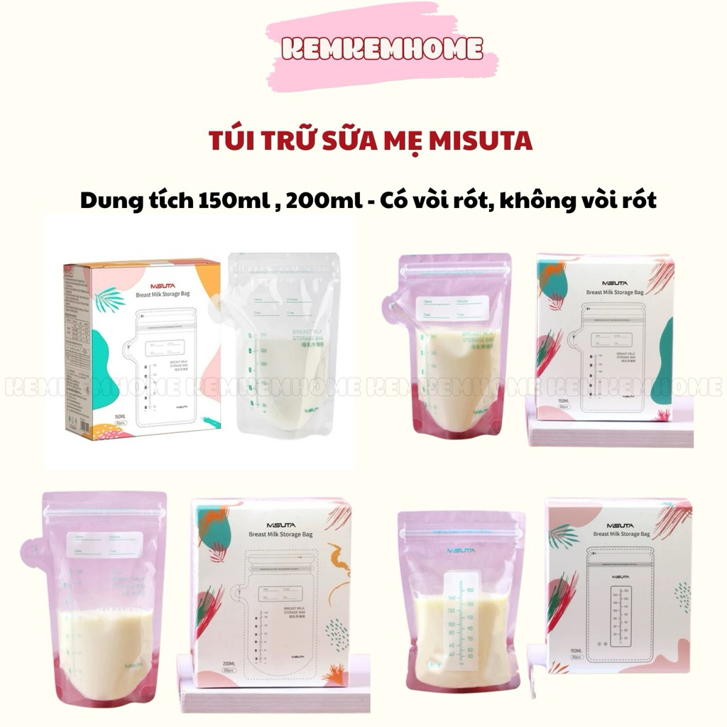 Túi trữ sữa Misuta 150ml, 200ml, hộp 30 túi chính hãng, mua 2 hộp tặng 1 bút