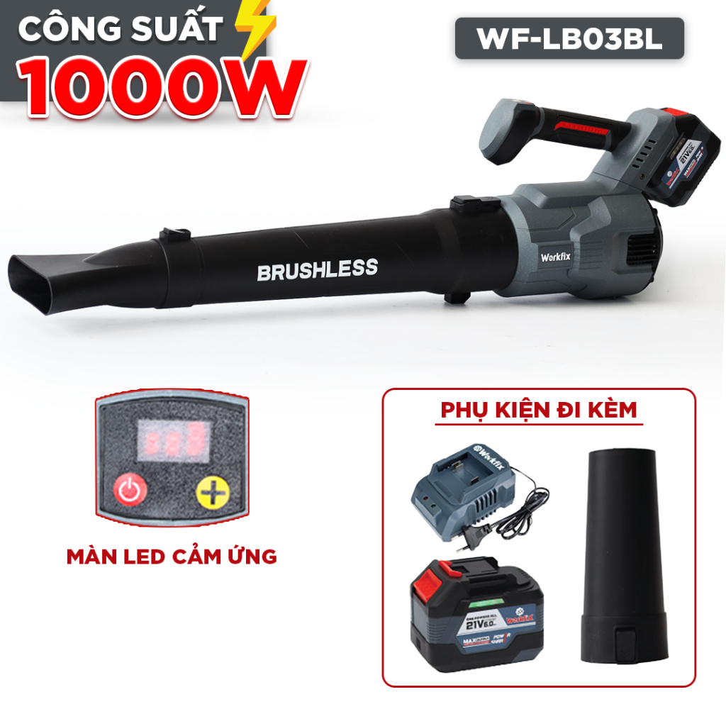 [1000W -FULL PHỤ KIỆN] Máy Thổi Lá Pin 15/20CELL Workfix WF-LB03BL, Chuyên Thổi Lá, Bụi, Rác,...