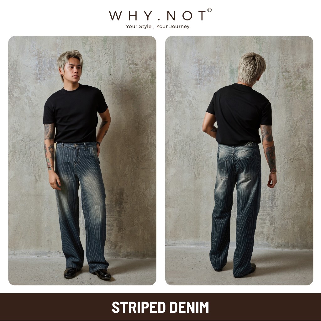 [WHY.NOT x SALIM] STRIPED DENIM Jean- Quần Jeans Nam Nữ Kẻ Sọc Túi Chéo Ống Suông Rộng Phủ Giày