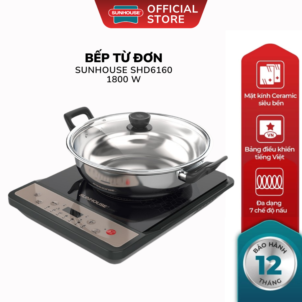 Bếp Điện Từ Đơn Sunhouse SHD6160 - Công Suất 1800W, Phím Bấm Cơ, Bảo Hành 12 Tháng