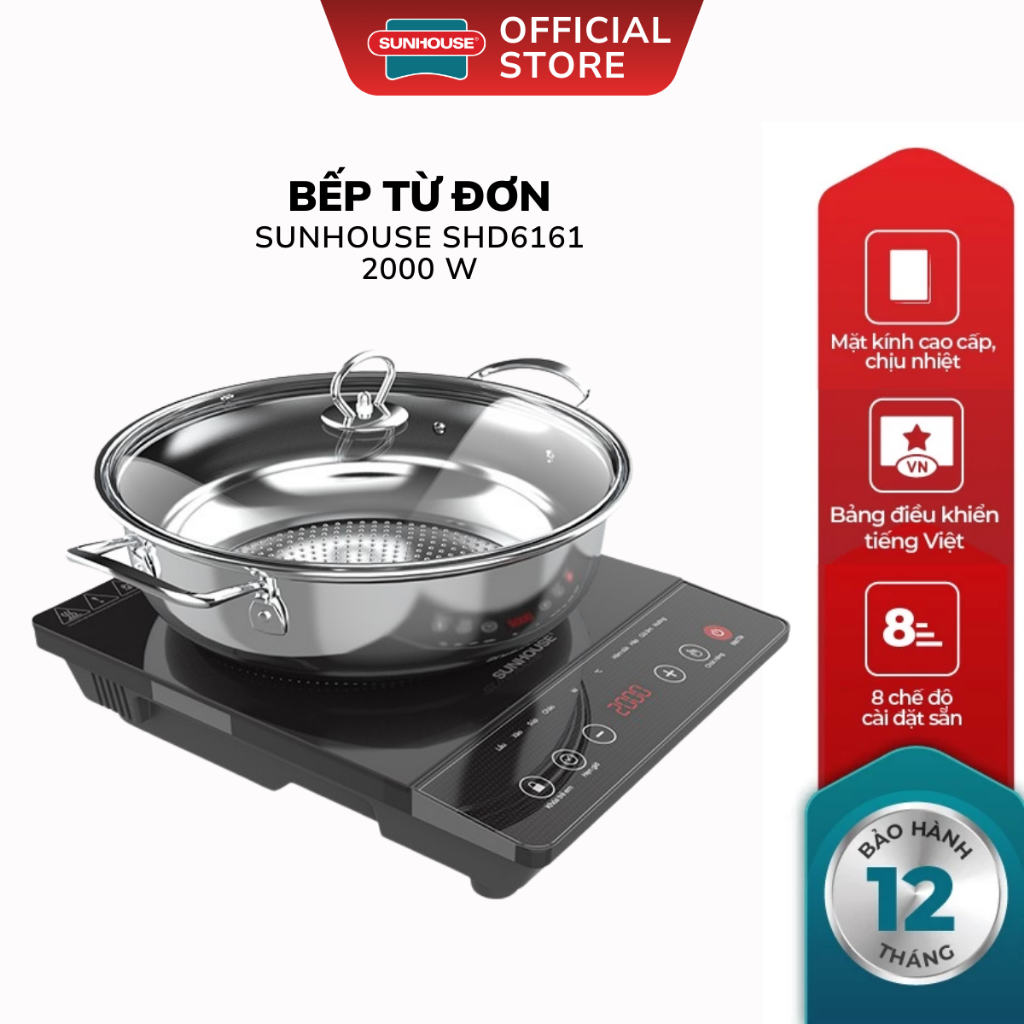 Bếp Điện Từ Đơn Sunhouse SHD6161 - Công Suất 2000W, Tặng Kèm Nồi Lẩu 28cm, Bảo Hành 12 Tháng