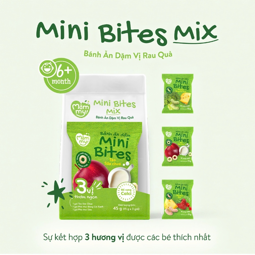 Bánh ăn dặm Mămmy Mini Bites giúp bổ sung canxi hỗ trợ phát triển xương cho bé từ 6 tháng