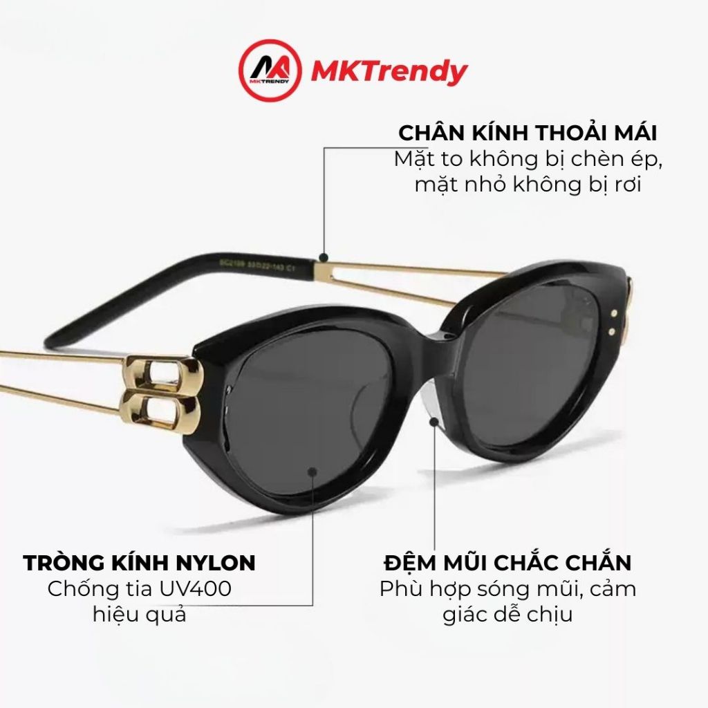 Kính mát gọng mắt mèo MKTRENDY mắt kính râm nam nữ gọng kim loại cao cấp chống tia UV phong cách Hàn Quốc T33