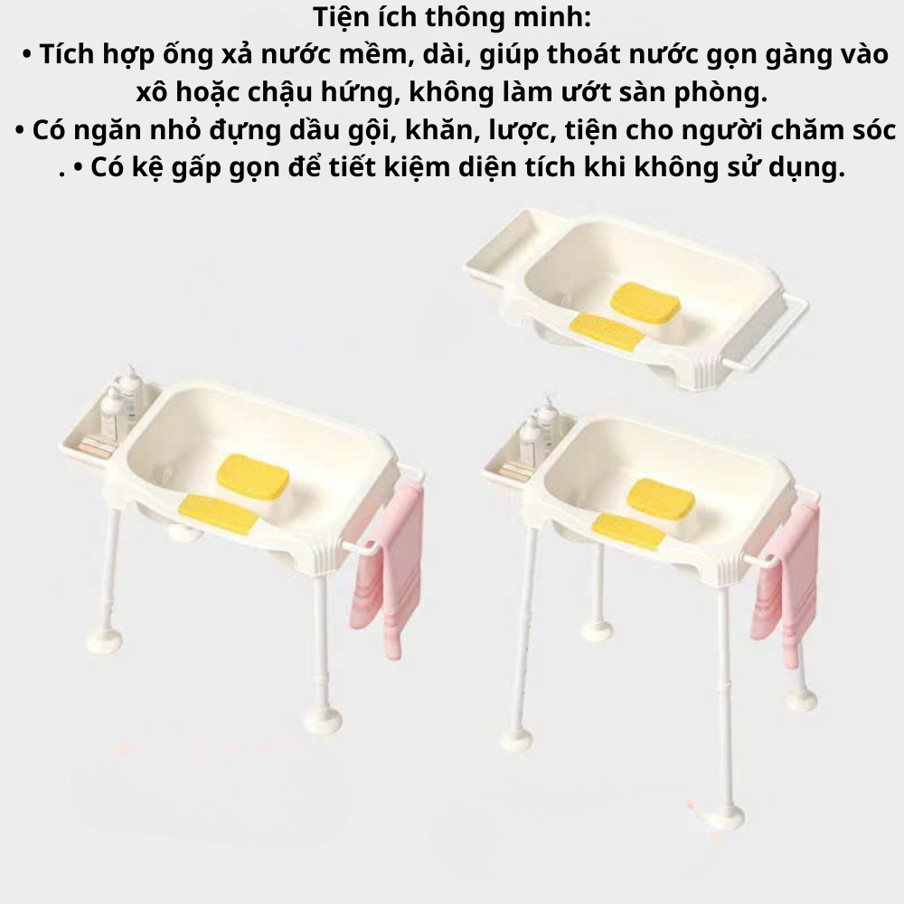 Chậu Gội Đầu Tại Giường Có Chân  5 Nấc Điều Chỉnh Độ Cao - Tặng Lược Massage, Cốc Gội, Ống Xả Nước