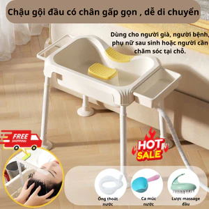 Chậu Gội Đầu Tại Giường Có Chân 5 Nấc Điều Chỉnh Độ Cao - Tặng Lược Massage, Cốc Gội, Ống Xả Nước