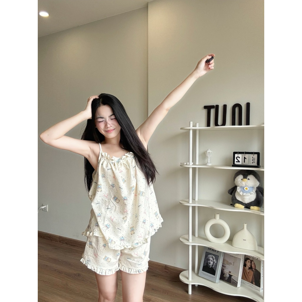 Đồ Bộ Ngủ 2 Dây Mặc Nhà Chất Liệu Đũi Vân Mây Nhiều Hoạ Tiết Xinh Xắn Mùa Hè Tuni.studio HD01