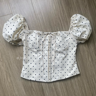 MARI CHẤM BI | Áo trễ vai phối ren, tay bồng, lưng chun chất KATE SILK | ByMintt