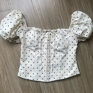 MARI CHẤM BI | Áo trễ vai phối ren, tay bồng, lưng chun chất KATE SILK | ByMintt