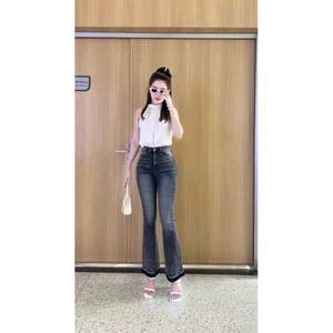 Quần Jeans Nữ Lưng Cao Ống Loe Dài Lai Kiểu Thời Trang