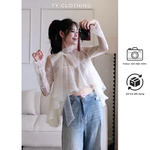 Áo ren croptop cổ nơ- Hàng thiết kế - màu Be- TYCLOTHING