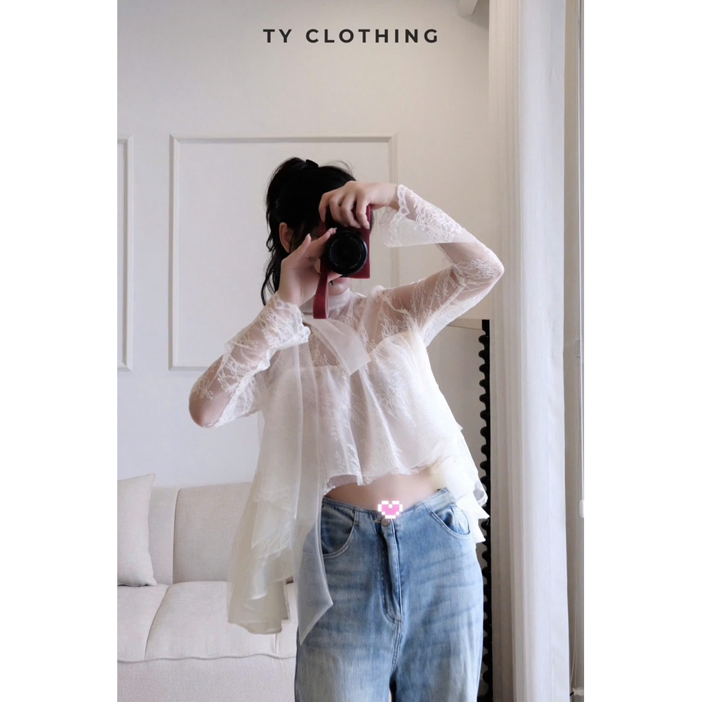 [ TY Clothing ] Áo ren croptop cổ nơ- Hàng thiết kế - màu Be- TYCLOTHING
