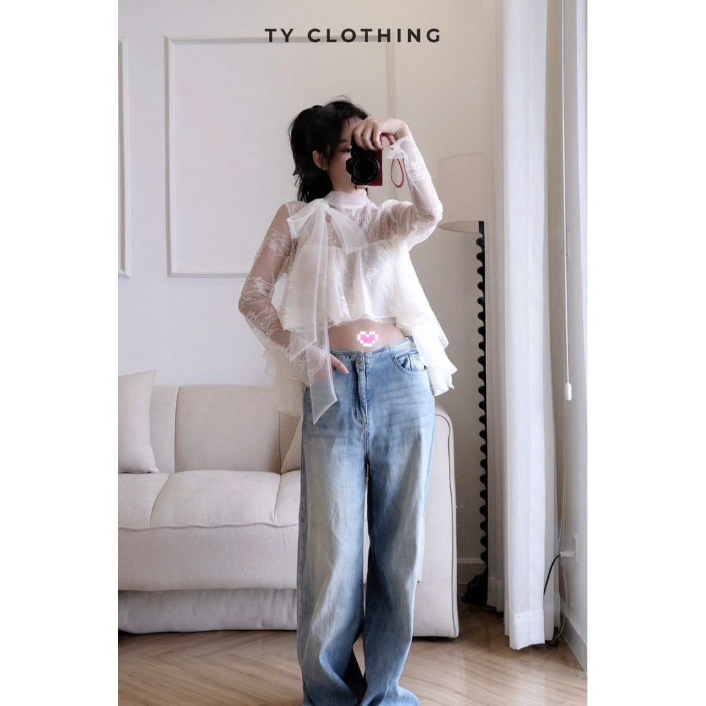 [ TY Clothing ] Áo ren croptop cổ nơ- Hàng thiết kế - màu Be- TYCLOTHING