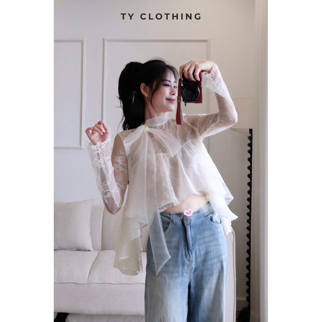 [ TY Clothing ] Áo ren croptop cổ nơ- Hàng thiết kế - màu Be- TYCLOTHING