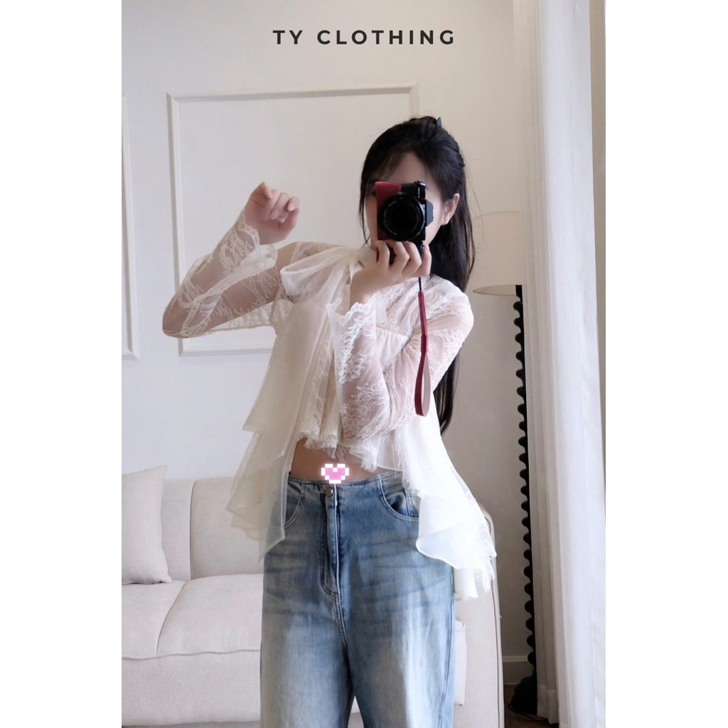 [ TY Clothing ] Áo ren croptop cổ nơ- Hàng thiết kế - màu Be- TYCLOTHING