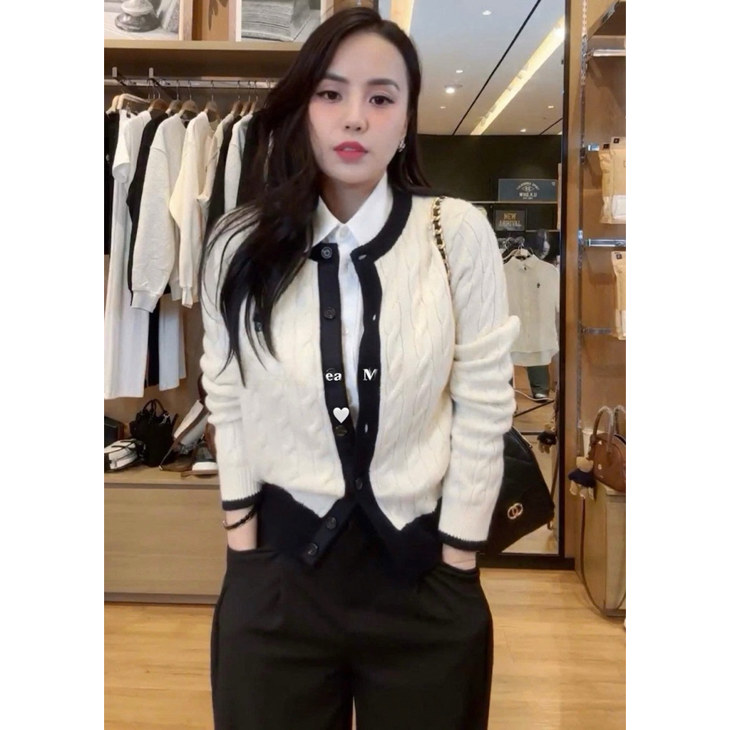 New 2026 Áo Cardigan Màu Be Nữ Len Tăm Dệt Họa Tiết Dây Thừng Phối Nút Cổ Tròn Viền Đen Form Basic Kèm Ảnh Thật