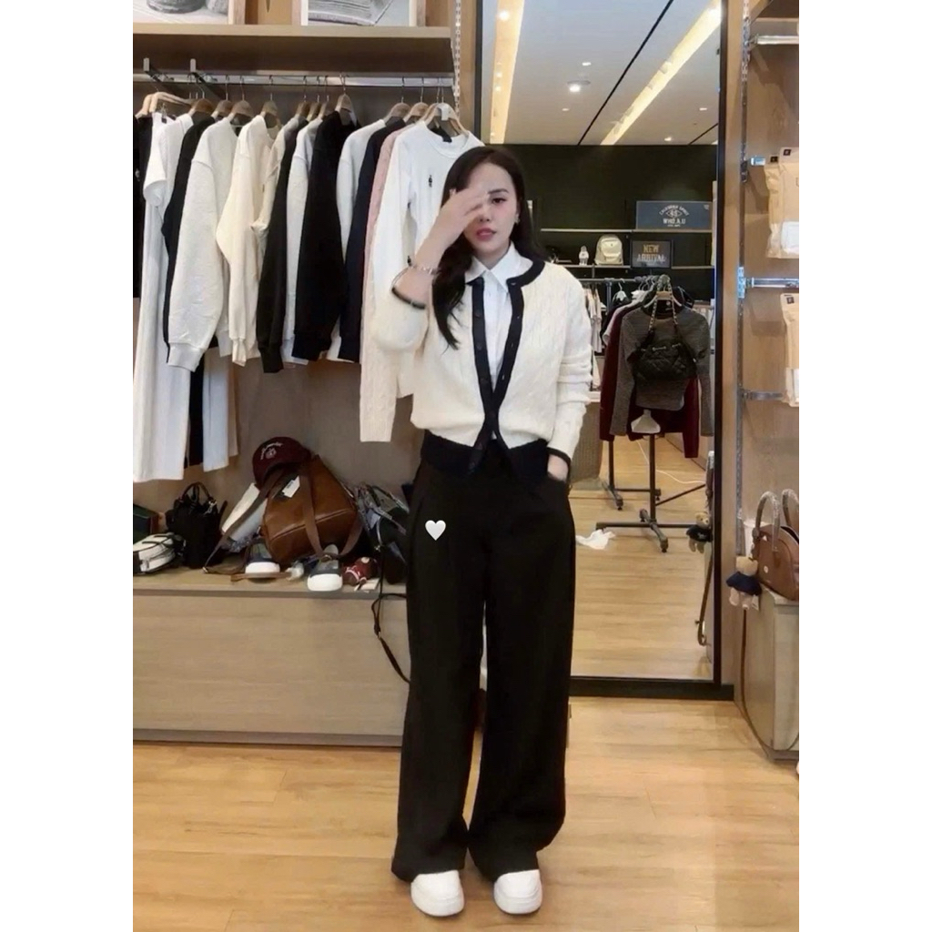 New 2026 Áo Cardigan Màu Be Nữ Len Tăm Dệt Họa Tiết Dây Thừng Phối Nút Cổ Tròn Viền Đen Form Basic Kèm Ảnh Thật