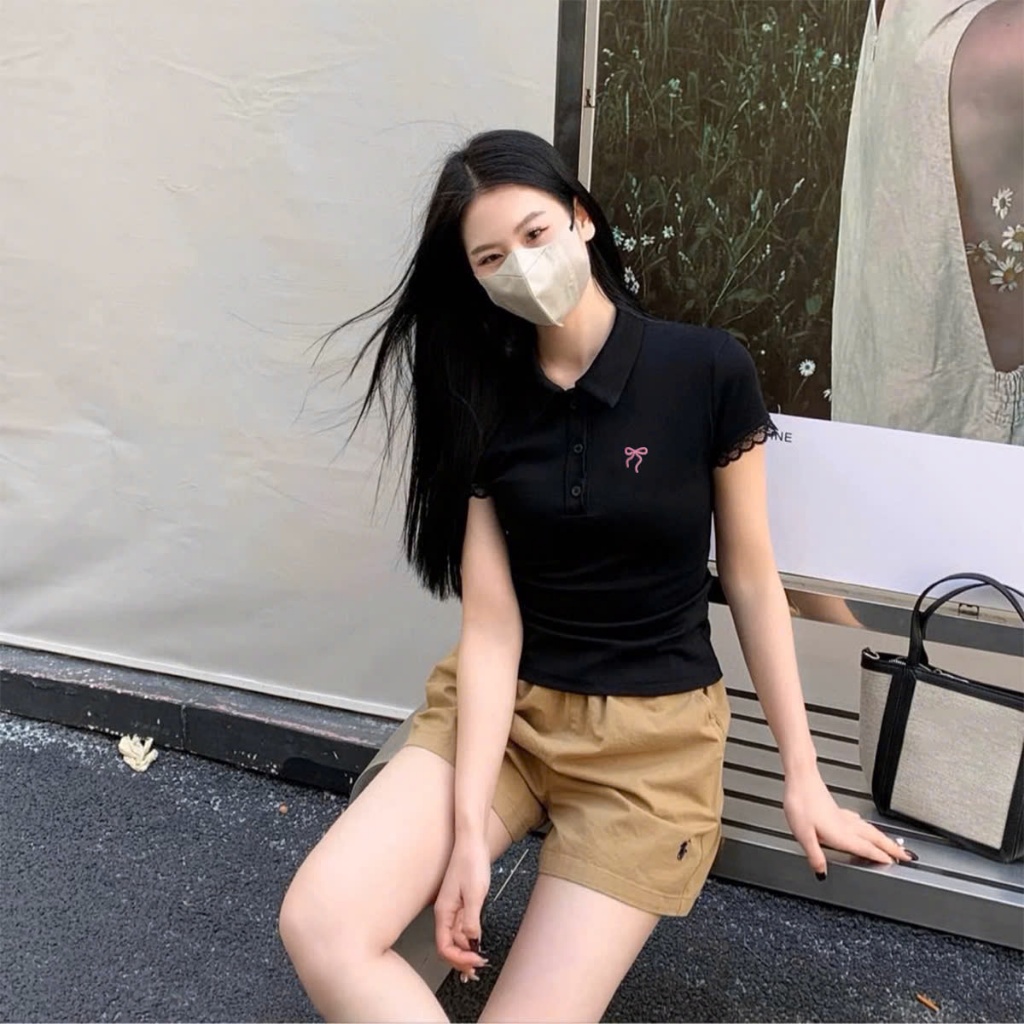 [Video sp thực tế ]Áo thun nữ cổ bẻ tay ngắn MCA phối viền ren in hình nơ A51299