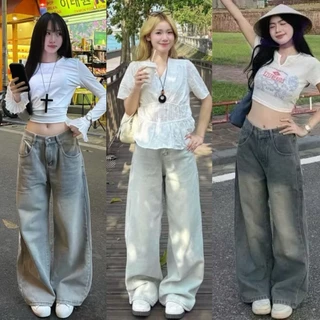 Quần jean bò ống rộng suông xuông nữ jeans cạp cao phong cách style ms06