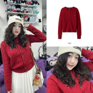 New 2026 Áo Len Cardigan Nữ Màu Đỏ Dài Tay Cài Cúc Form Basic Dệt Tăm, Thời Trang Thu Đông Kèm Ảnh Thật