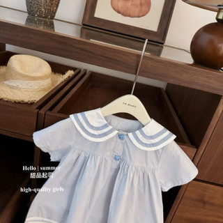 Váy thô xanh mềm mại cổ cách điệu viền cổ mèo phong cách hải quân cho bé gái