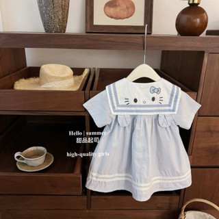 Váy thô xanh mềm mại cổ cách điệu viền cổ mèo phong cách hải quân cho bé gái