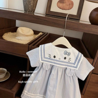 Váy thô xanh mềm mại cổ cách điệu viền cổ mèo phong cách hải quân cho bé gái