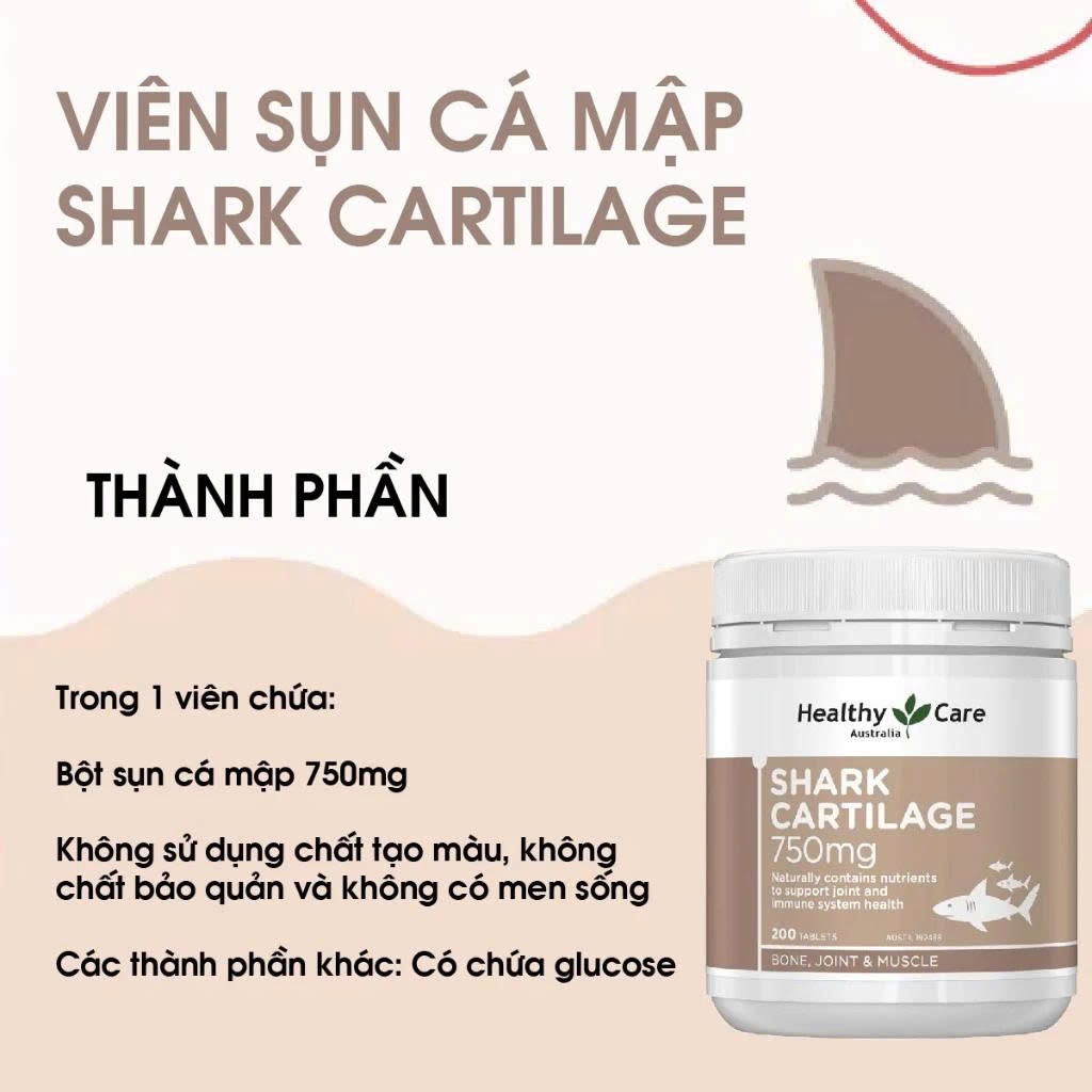 Sụn vi cá mập Healthy Care Shark Cartilage 750mg hỗ trợ xương khớp, tăng cường miễn dịch 200 viên