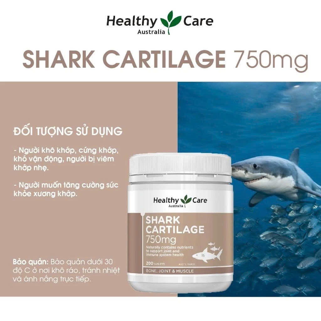 Sụn vi cá mập Healthy Care Shark Cartilage 750mg hỗ trợ xương khớp, tăng cường miễn dịch 200 viên