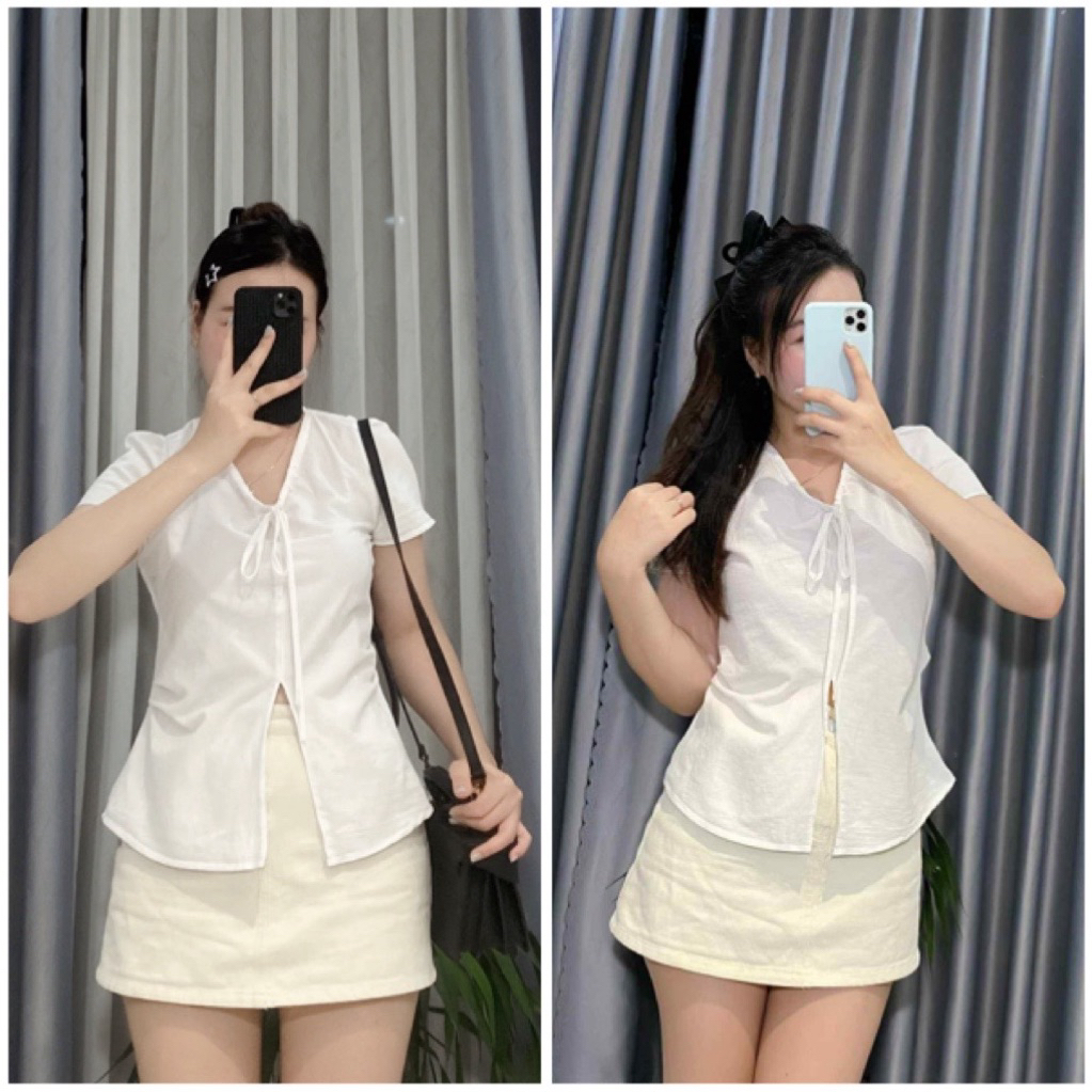 Áo sơ mi nữ chiết eo cổ V buộc dây tôn dáng By.Thanhhuyenclothings