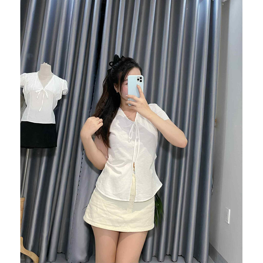 Áo sơ mi nữ chiết eo cổ V buộc dây tôn dáng By.Thanhhuyenclothings