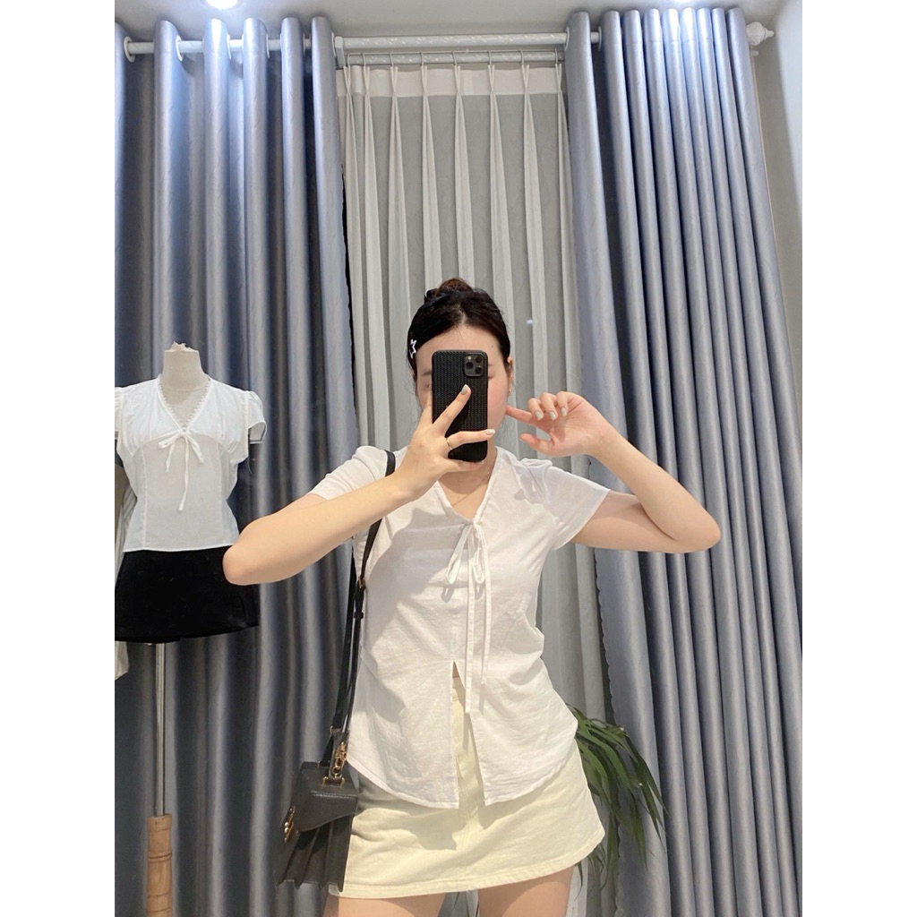 Áo sơ mi nữ chiết eo cổ V buộc dây tôn dáng By.Thanhhuyenclothings