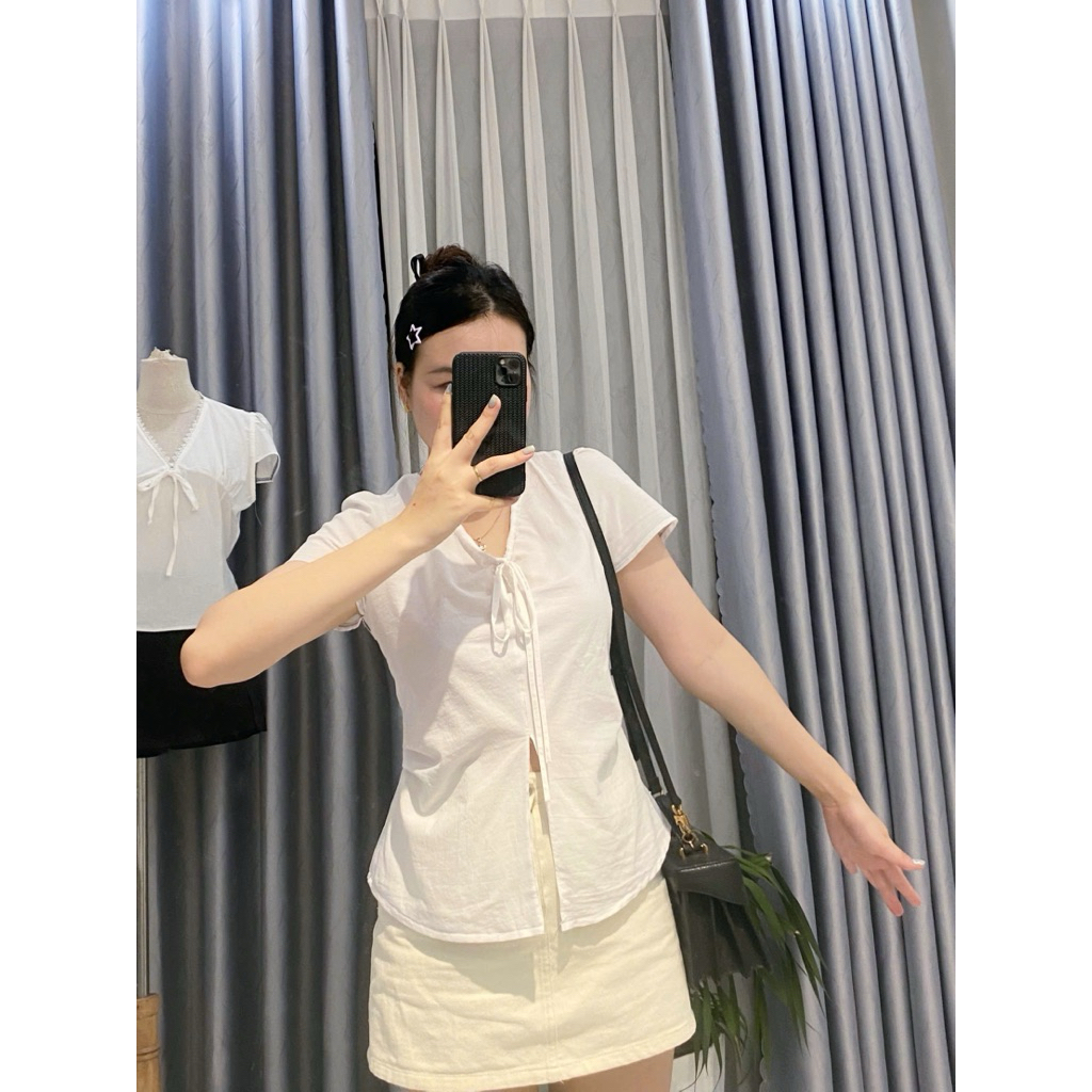 Áo sơ mi nữ chiết eo cổ V buộc dây tôn dáng By.Thanhhuyenclothings