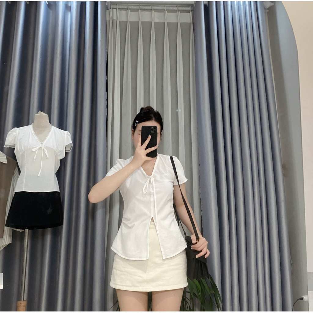 Áo sơ mi nữ chiết eo cổ V buộc dây tôn dáng By.Thanhhuyenclothings