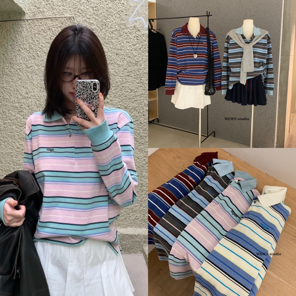 𝑵𝑯𝒀.𝒔𝒕𝒖𝒅𝒊𝒐 /WGWE/ Áo polo dài tay kẻ thêu chữ wgwe ngực thu đông #w6796 ...