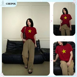 Áo Thun Nữ In Cờ Đỏ Sao Vàng CHEPOL Unisex 100% Cotton Thoáng Mát, Thấm Hút, Cổ Tròn Form Oversize BASIC CP_12968
