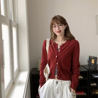 Áo nữ cardigan nhẹ dáng ngắn cổ tròn tay dài 3 màu đen đỏ xanh phối đơn giản VANISA CT439