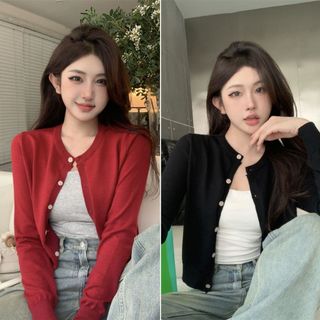 Áo nữ cardigan nhẹ dáng ngắn cổ tròn tay dài 3 màu đen đỏ xanh phối đơn giản VANISA CT439