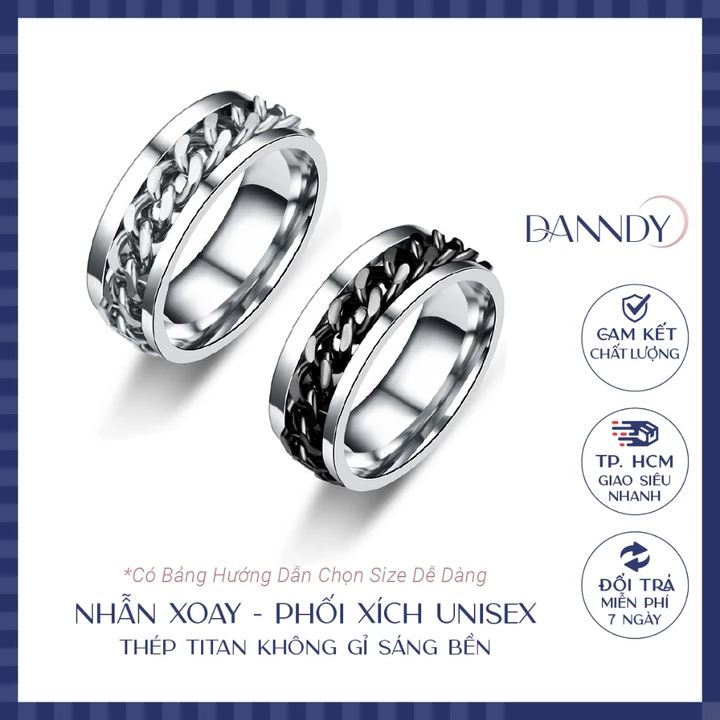 Nhẫn Titan Không Gỉ Nam Nữ. Nhẫn Xoay Phối Dây Xích. Nhẫn Nam Đẹp Màu Đen Bạc | Dandy