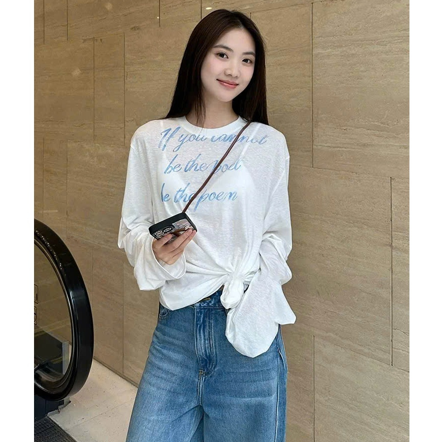 MẪU MỚI Áo thun nữ tay dài Trắng in chữ JULY FASHION, Áo thun dài tay dáng rộng, chất thun xượt mềm mịn, không xù lông